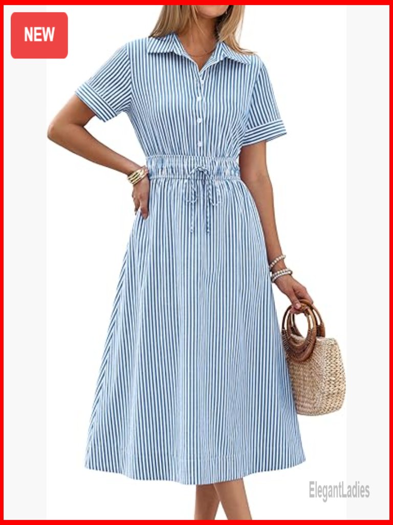 Striped Midi Dress Short Sleeve Button Collar Casual Beach Vacation